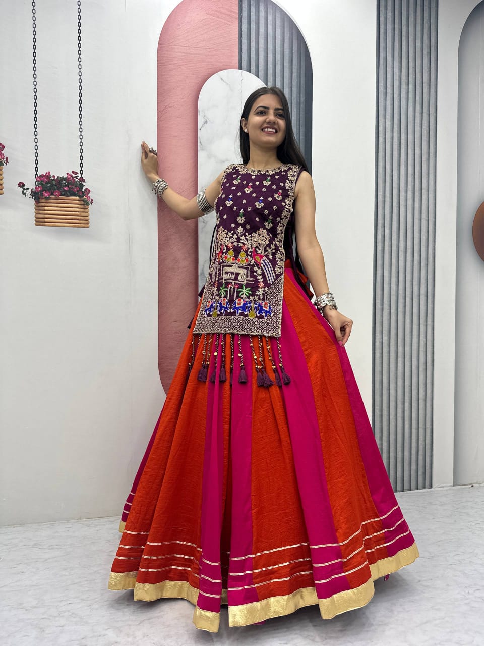 Jency Creation Navratri Special Women's Embroidered Lehenga Choli – Purple, Rani Pink & Rust Orange