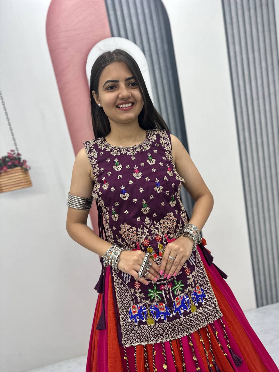Jency Creation Navratri Special Women's Embroidered Lehenga Choli – Purple, Rani Pink & Rust Orange
