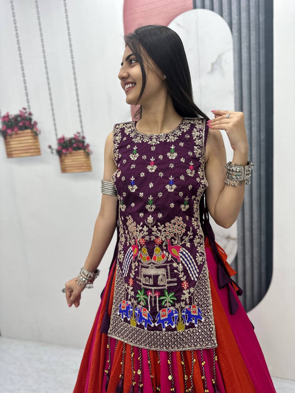 Jency Creation Navratri Special Women's Embroidered Lehenga Choli – Purple, Rani Pink & Rust Orange