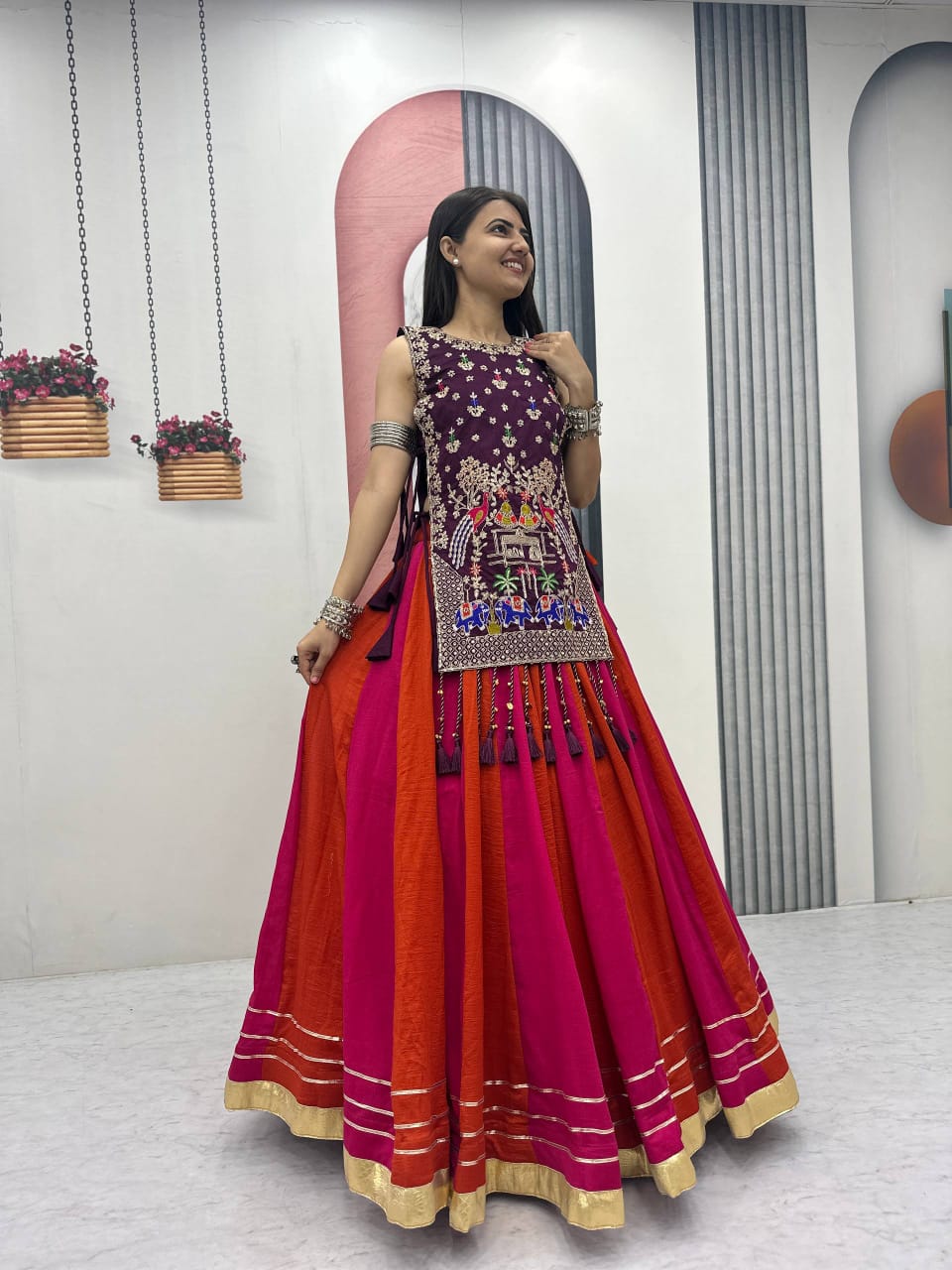 Jency Creation Navratri Special Women's Embroidered Lehenga Choli – Purple, Rani Pink & Rust Orange