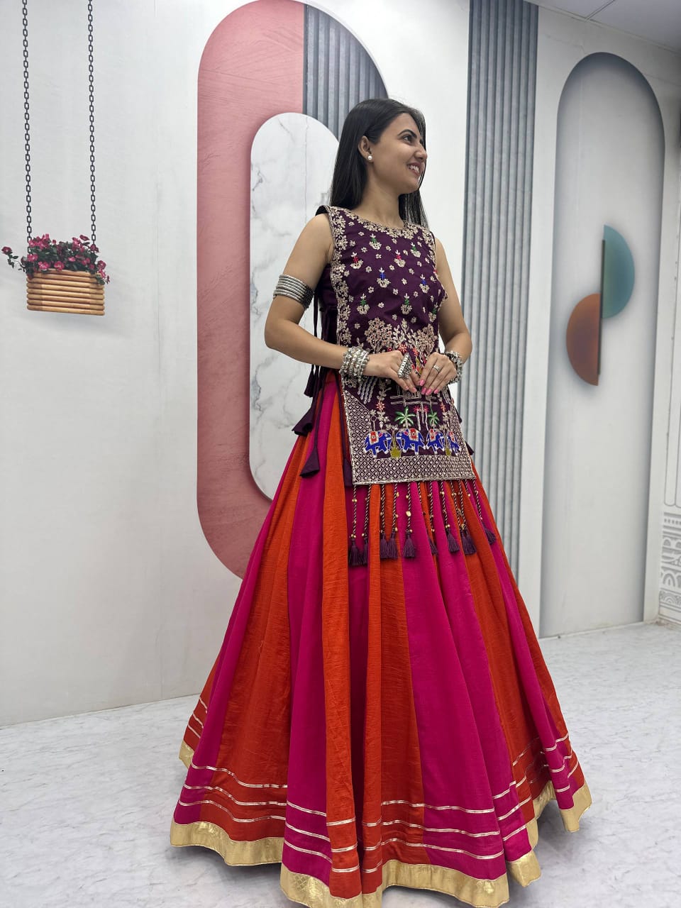 Jency Creation Navratri Special Women's Embroidered Lehenga Choli – Purple, Rani Pink & Rust Orange