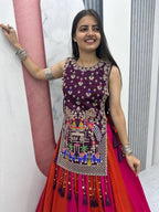Jency Creation Navratri Special Women's Embroidered Lehenga Choli – Purple, Rani Pink & Rust Orange