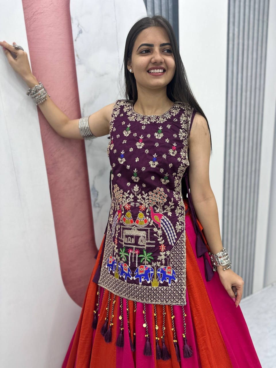 Jency Creation Navratri Special Women's Embroidered Lehenga Choli – Purple, Rani Pink & Rust Orange