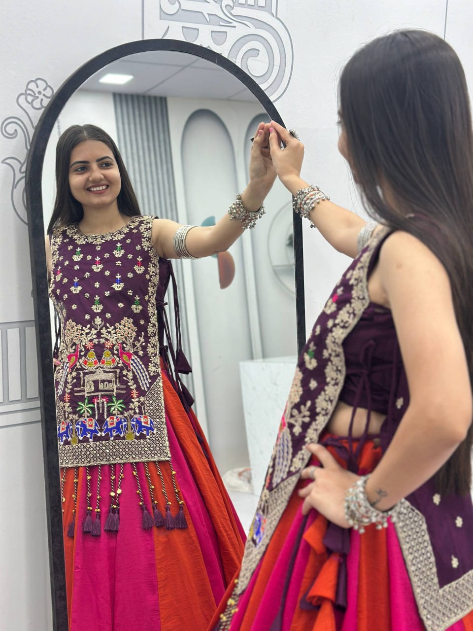 Jency Creation Navratri Special Women's Embroidered Lehenga Choli – Purple, Rani Pink & Rust Orange