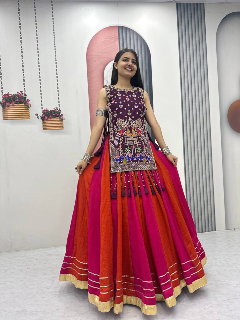 Jency Creation Navratri Special Women's Embroidered Lehenga Choli – Purple, Rani Pink & Rust Orange