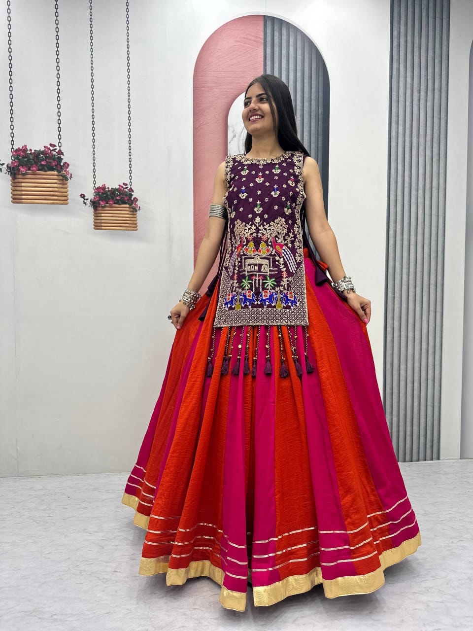 Jency Creation Navratri Special Women's Embroidered Lehenga Choli – Purple, Rani Pink & Rust Orange