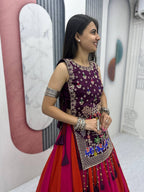 Jency Creation Navratri Special Women's Embroidered Lehenga Choli – Purple, Rani Pink & Rust Orange