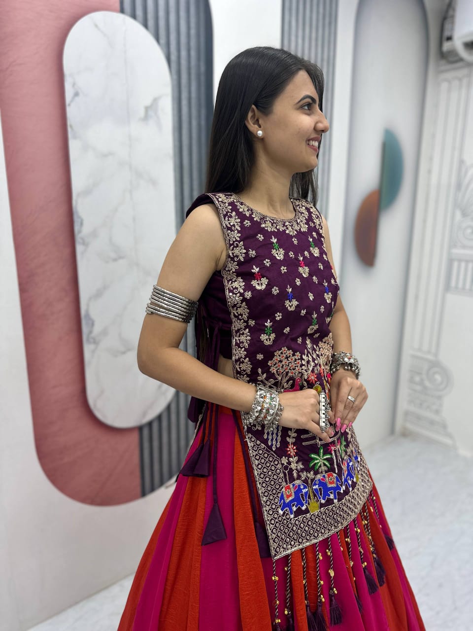 Jency Creation Navratri Special Women's Embroidered Lehenga Choli – Purple, Rani Pink & Rust Orange
