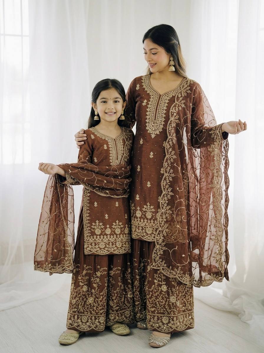 GMY Silk and Embroidery Work Family Combo Set
