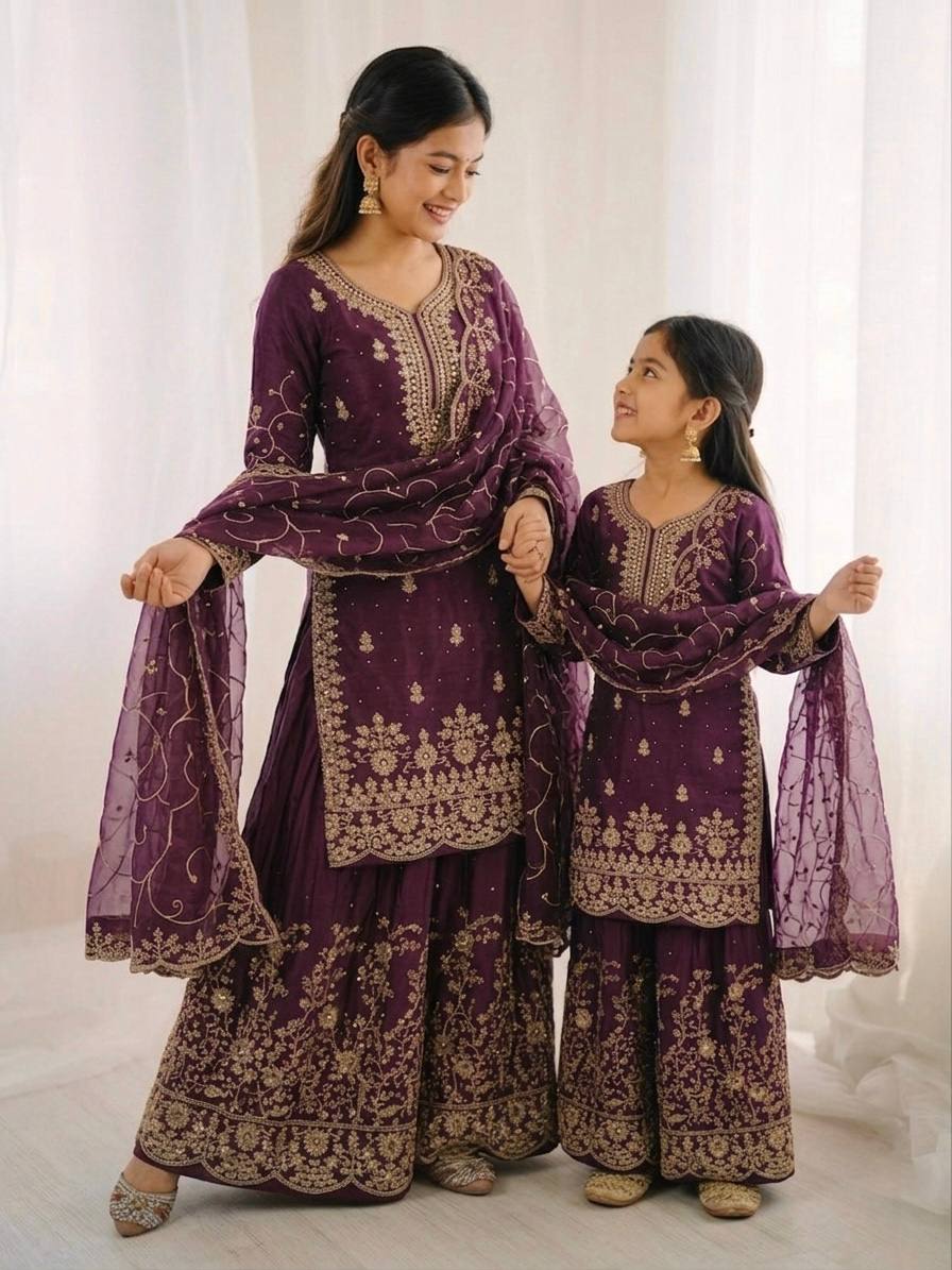 GMY Silk and Embroidery Work Family Combo Set