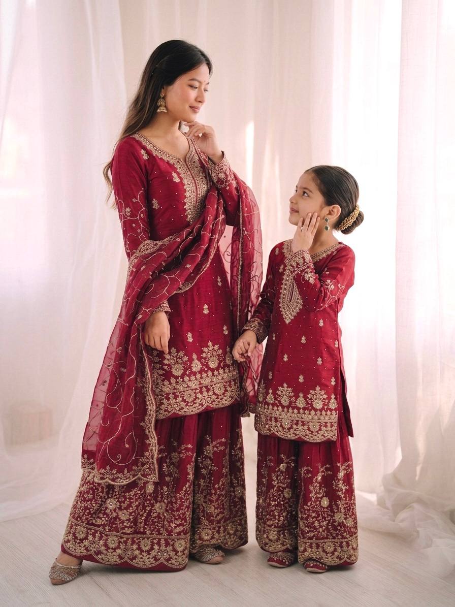 GMY Silk and Embroidery Work Family Combo Set