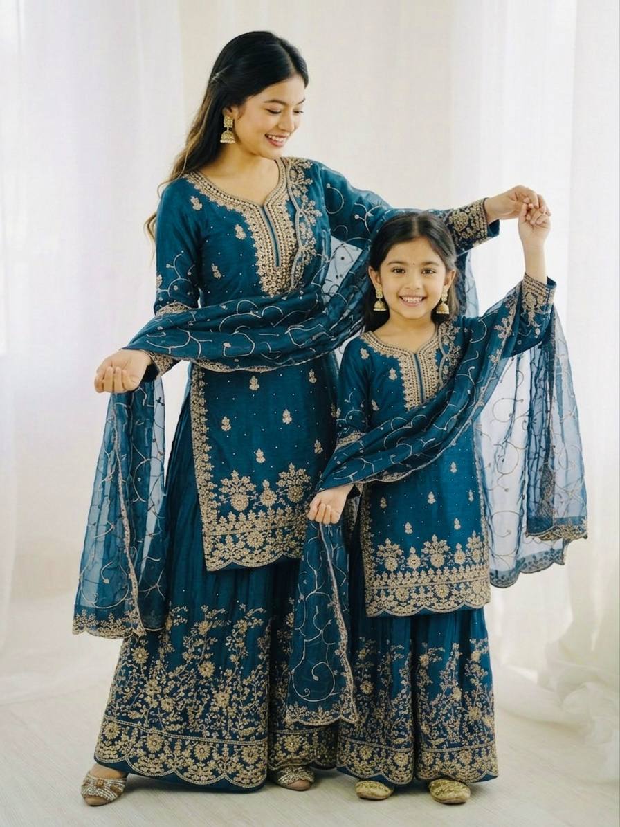 GMY Silk and Embroidery Work Family Combo Set