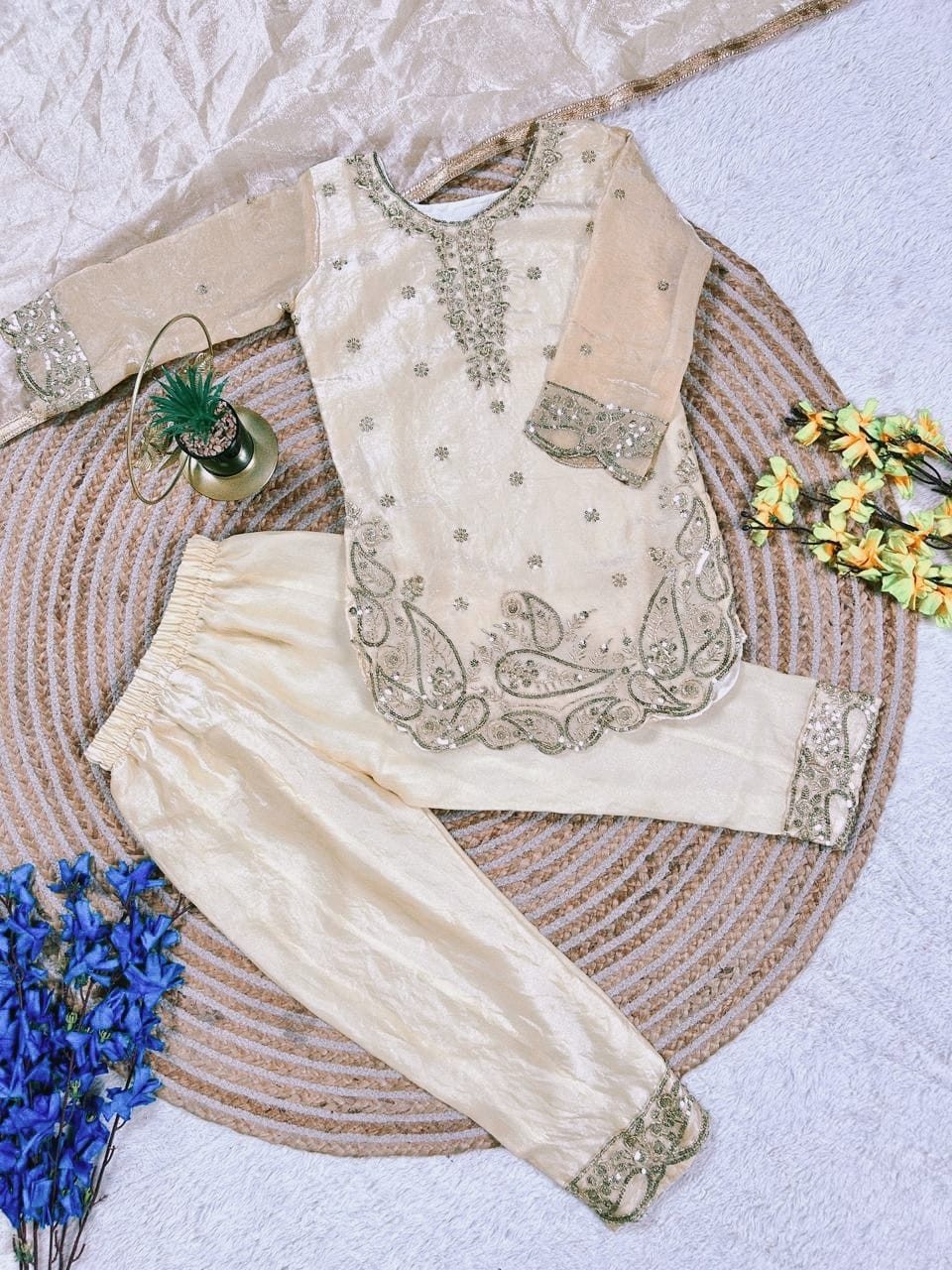 Kids Embroidered Silk Set