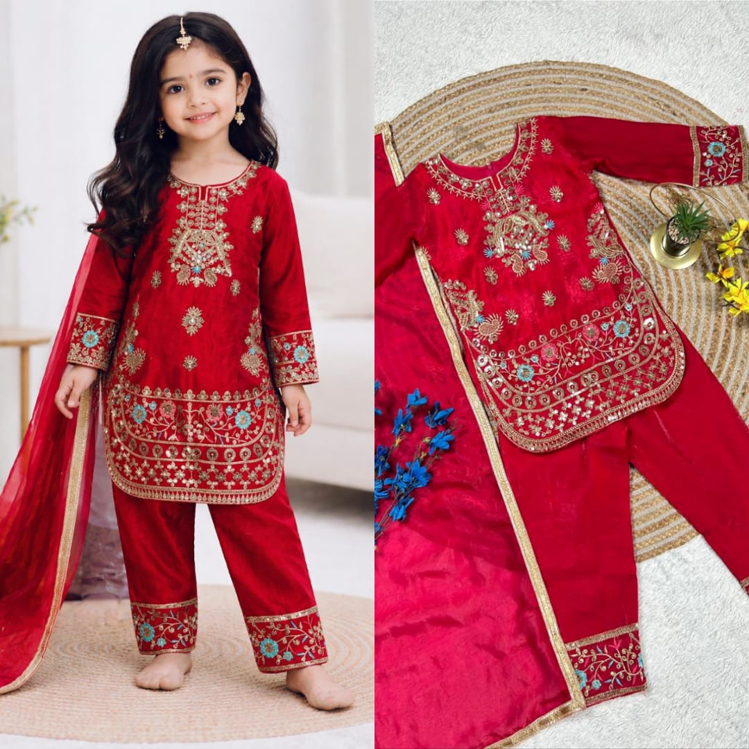 Red Colour Kids Embroidered Silk Set