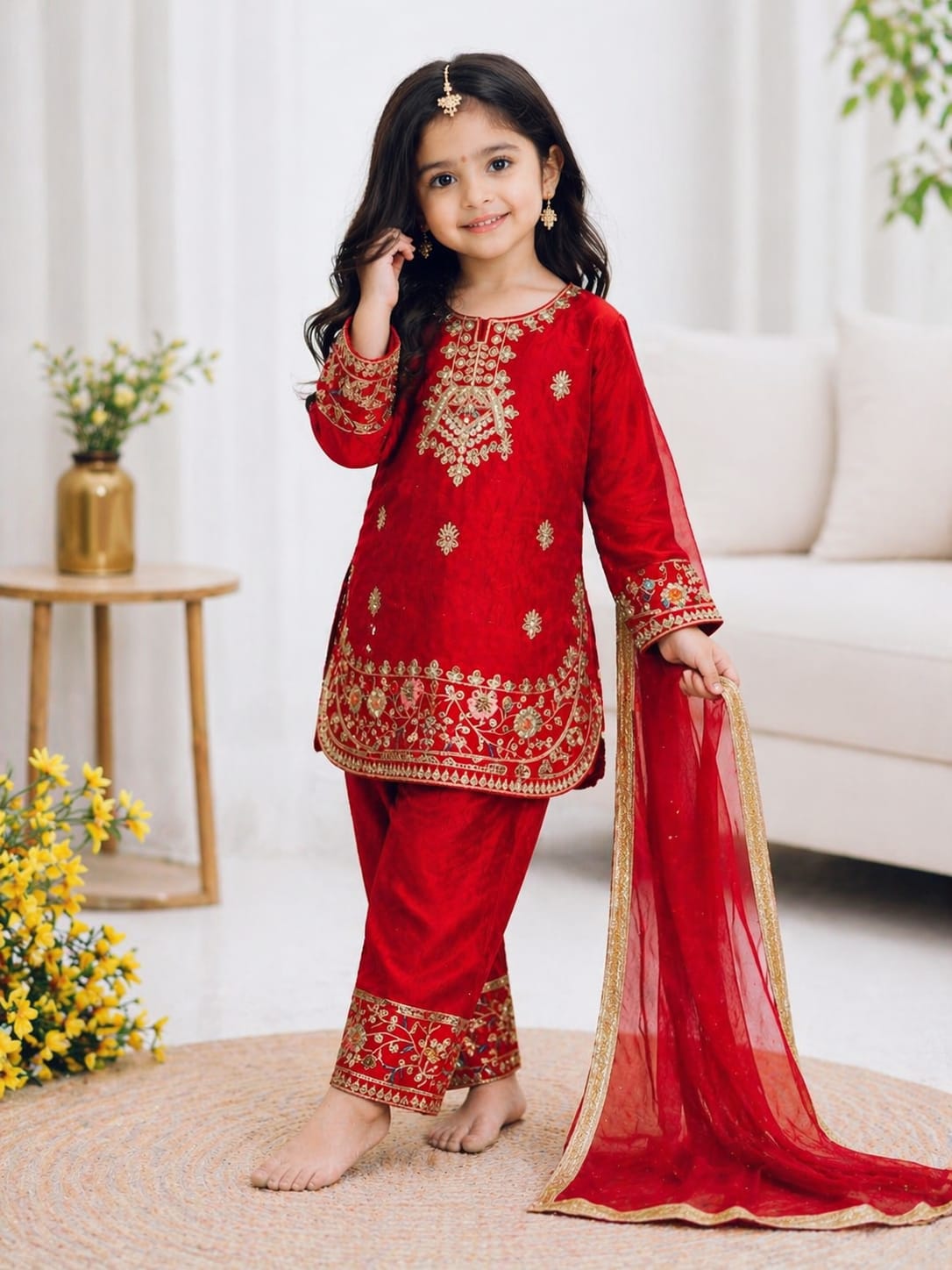 Red Colour Kids Embroidered Silk Set