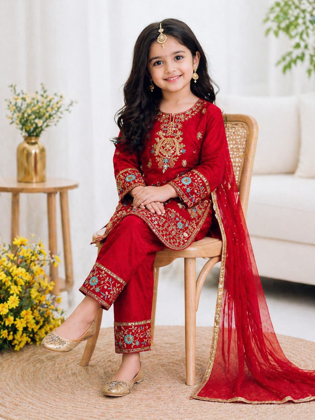 Red Colour Kids Embroidered Silk Set
