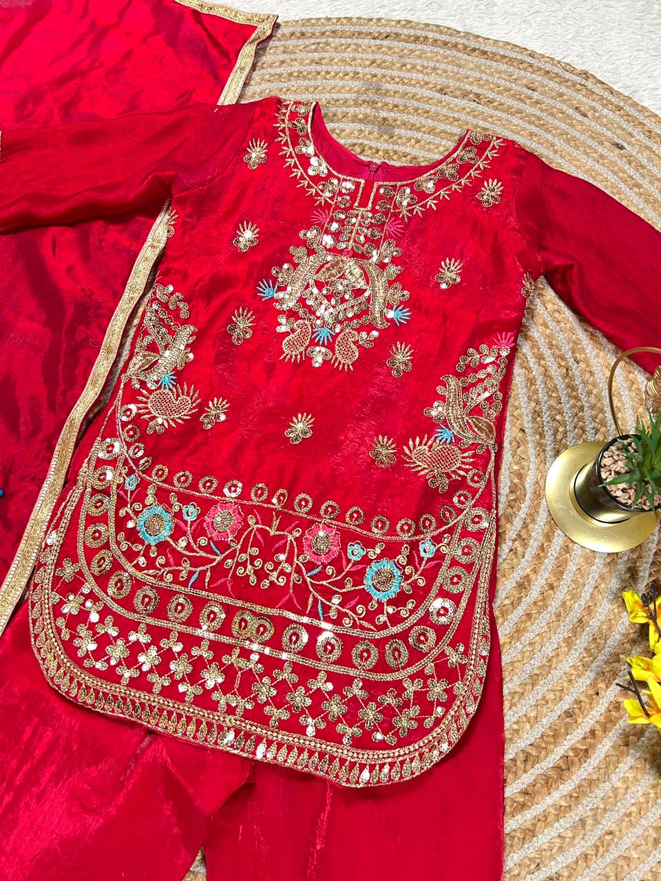 Red Colour Kids Embroidered Silk Set