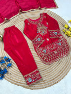 Red Colour Kids Embroidered Silk Set
