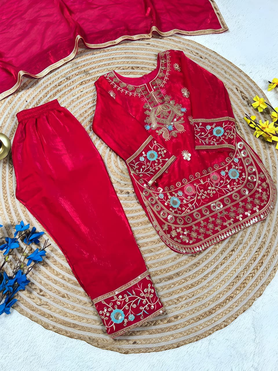 Red Colour Kids Embroidered Silk Set