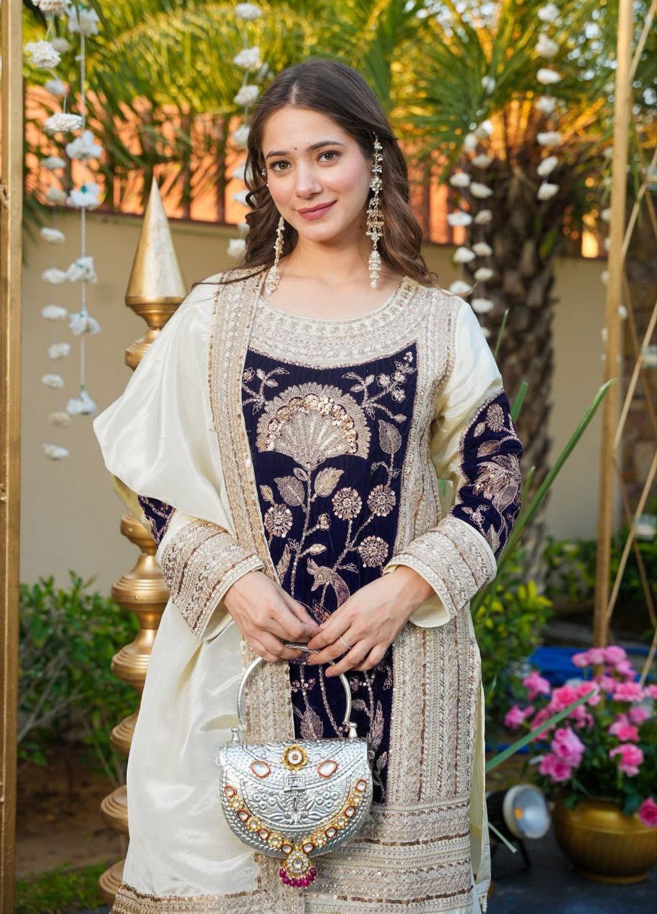 Off-White Velvet Palazzo Set