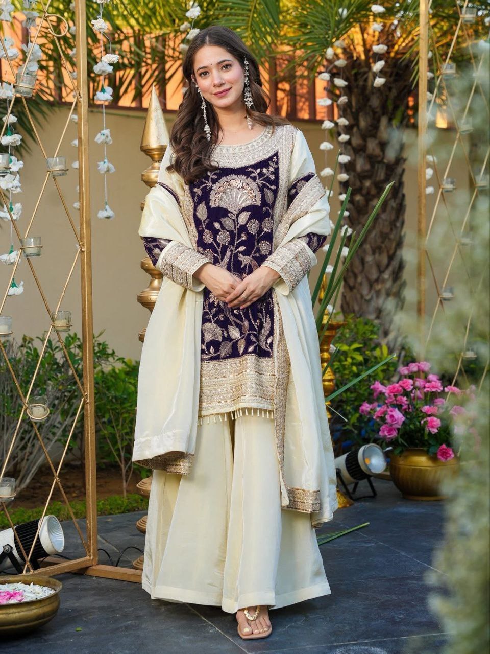 Off-White Velvet Palazzo Set