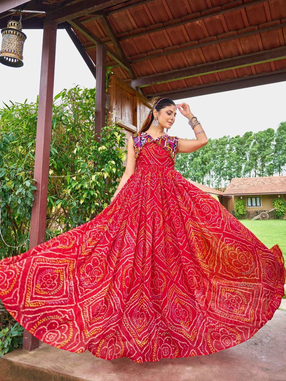 Jency Creation Women's Bandhani Print Faux Georgette Gown with Kutchi Patch Work