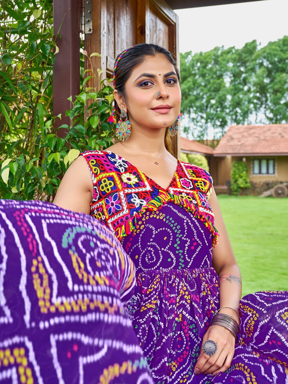 Jency Creation Women's Bandhani Print Faux Georgette Gown with Kutchi Patch Work