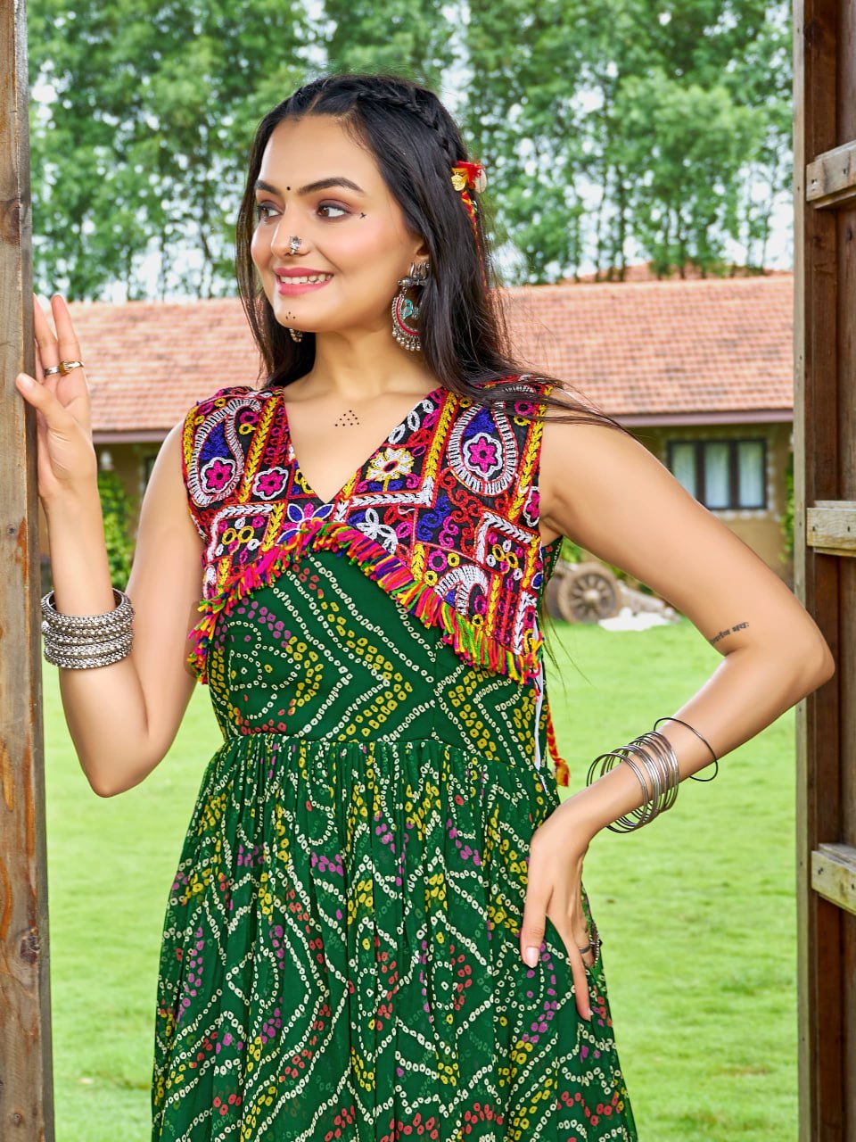 Jency Creation Women's Bandhani Print Faux Georgette Gown with Kutchi Patch Work
