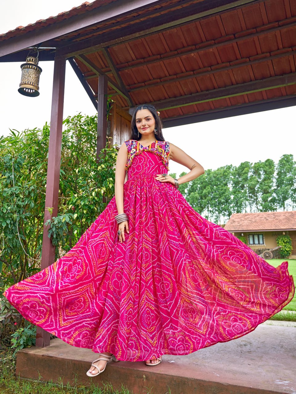Jency Creation Women's Bandhani Print Faux Georgette Gown with Kutchi Patch Work
