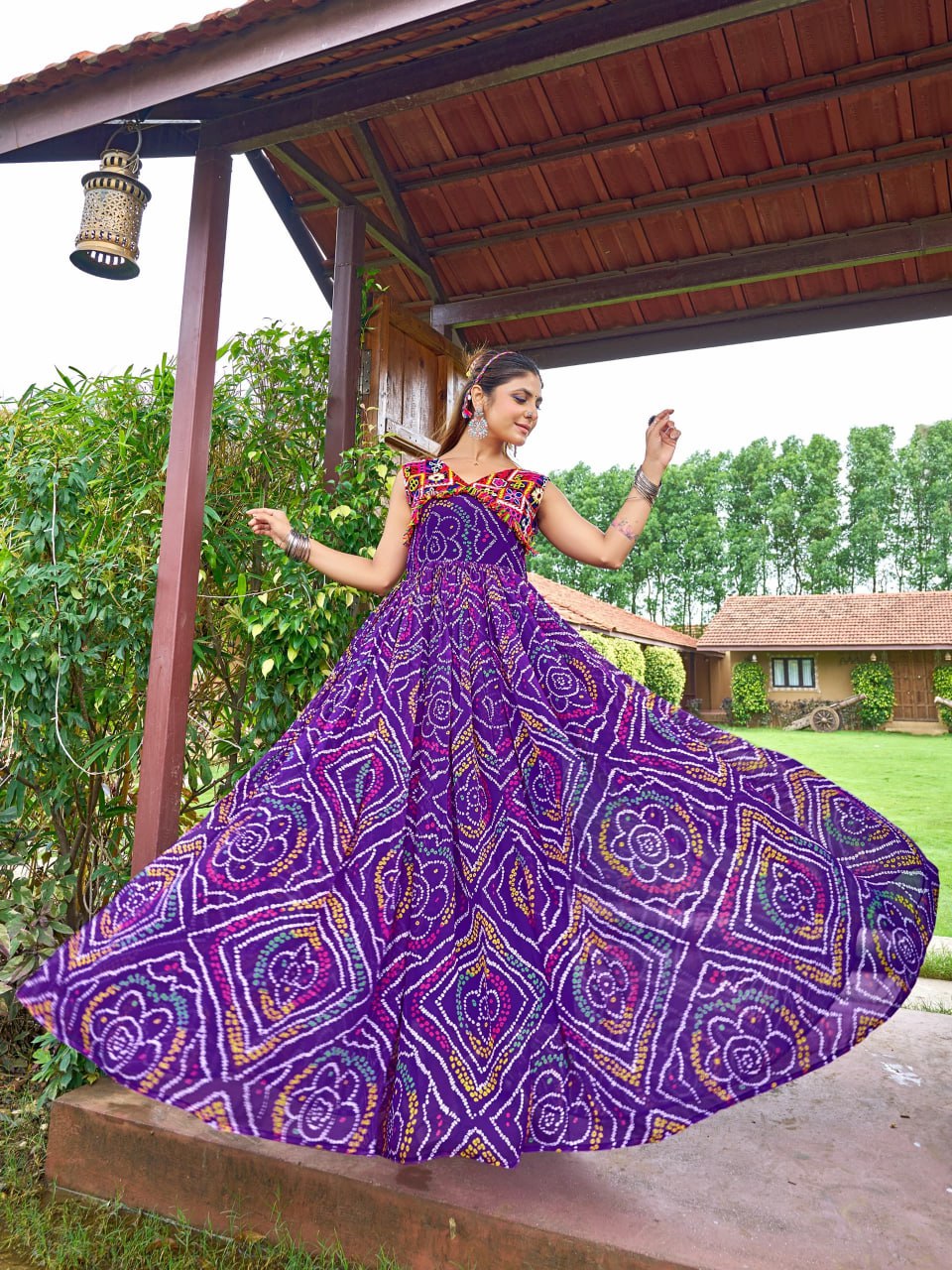 Jency Creation Women's Bandhani Print Faux Georgette Gown with Kutchi Patch Work