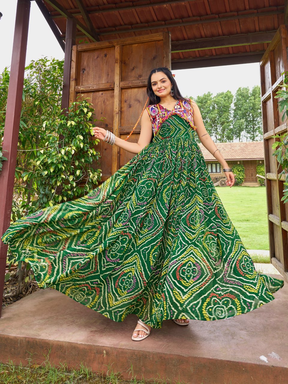 Jency Creation Women's Bandhani Print Faux Georgette Gown with Kutchi Patch Work