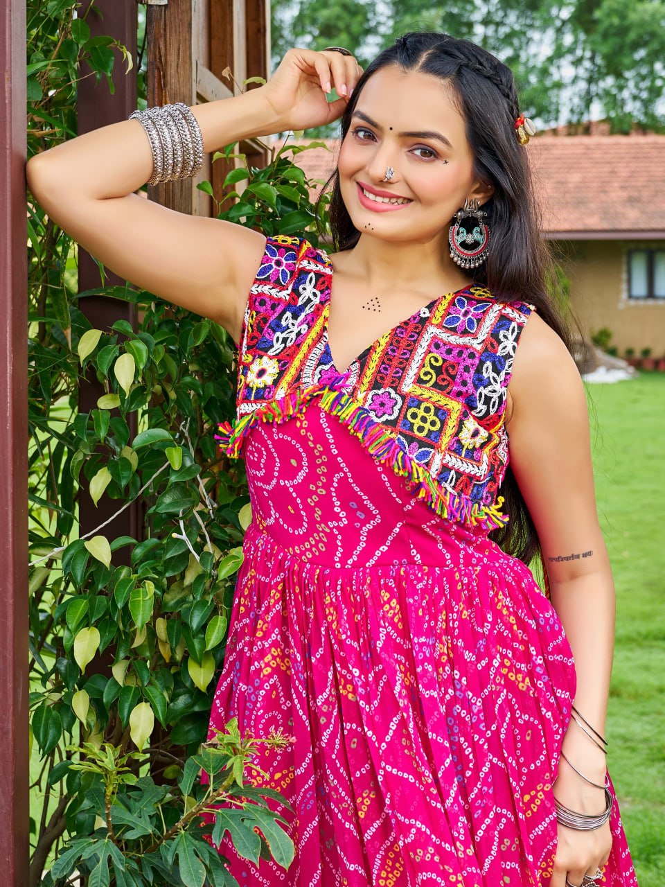 Jency Creation Women's Bandhani Print Faux Georgette Gown with Kutchi Patch Work