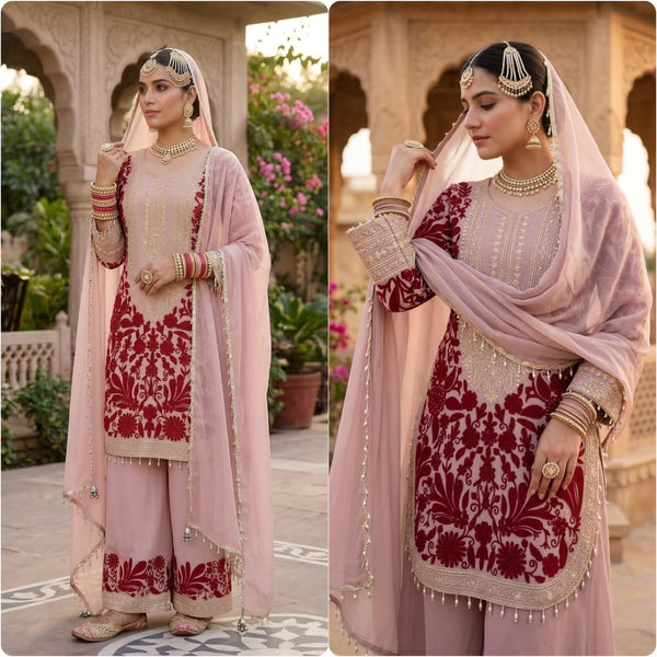 Jency Creation Women's Faux Georgette Embroidered Kurta Palazzo Set with Dupatta