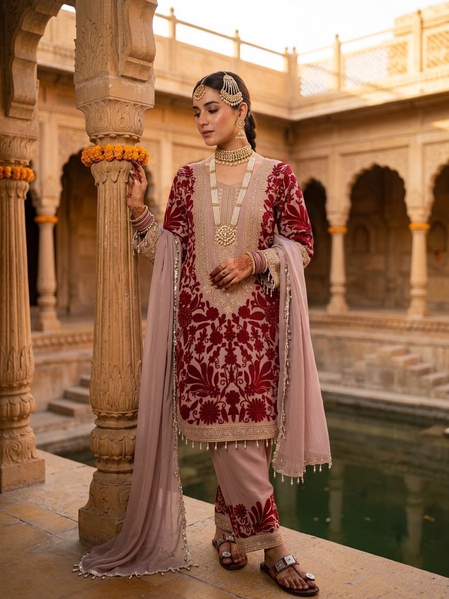 Jency Creation Women's Faux Georgette Embroidered Kurta Palazzo Set with Dupatta