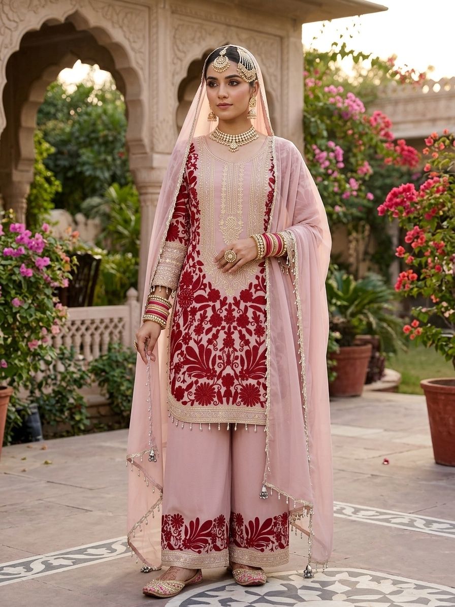 Jency Creation Women's Faux Georgette Embroidered Kurta Palazzo Set with Dupatta