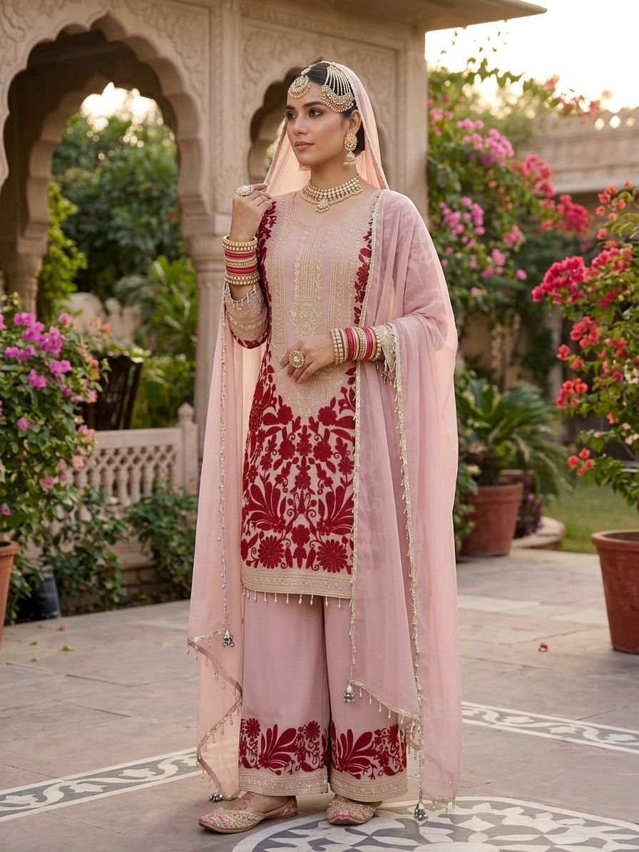 Jency Creation Women's Faux Georgette Embroidered Kurta Palazzo Set with Dupatta