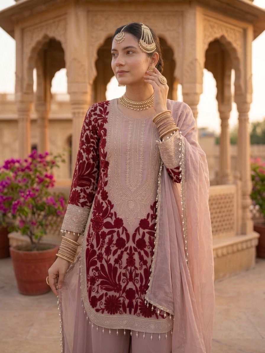Jency Creation Women's Faux Georgette Embroidered Kurta Palazzo Set with Dupatta