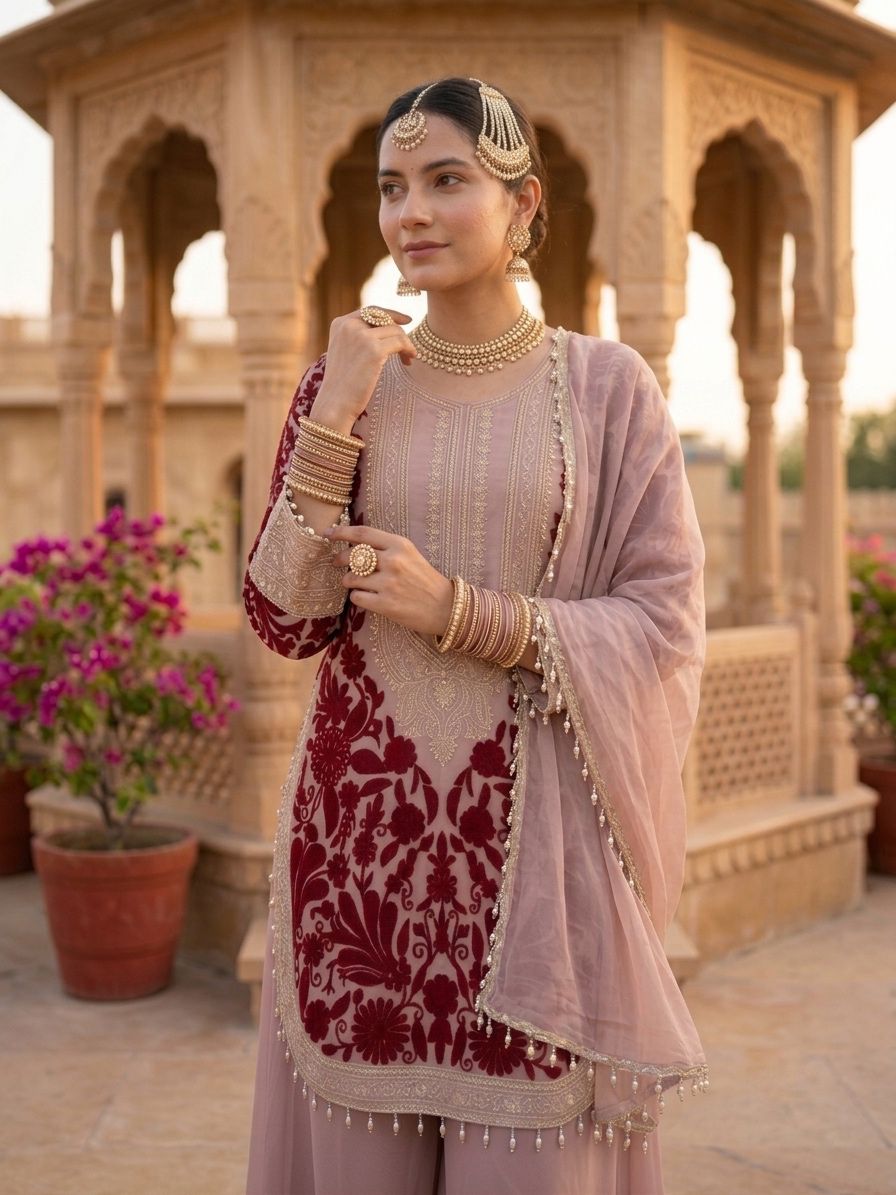 Jency Creation Women's Faux Georgette Embroidered Kurta Palazzo Set with Dupatta