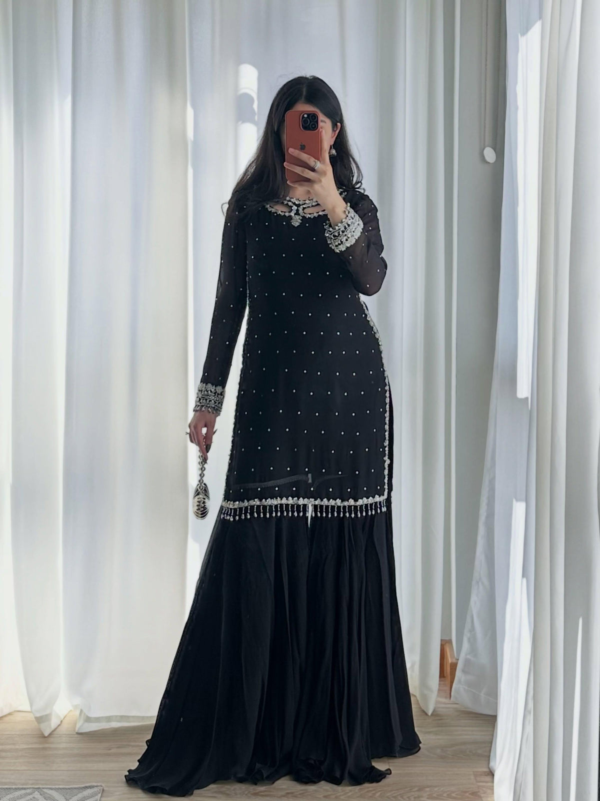 Jency Creation Women's Heavy Georgette Embroidered Kurta Farshi Set with Dupatta