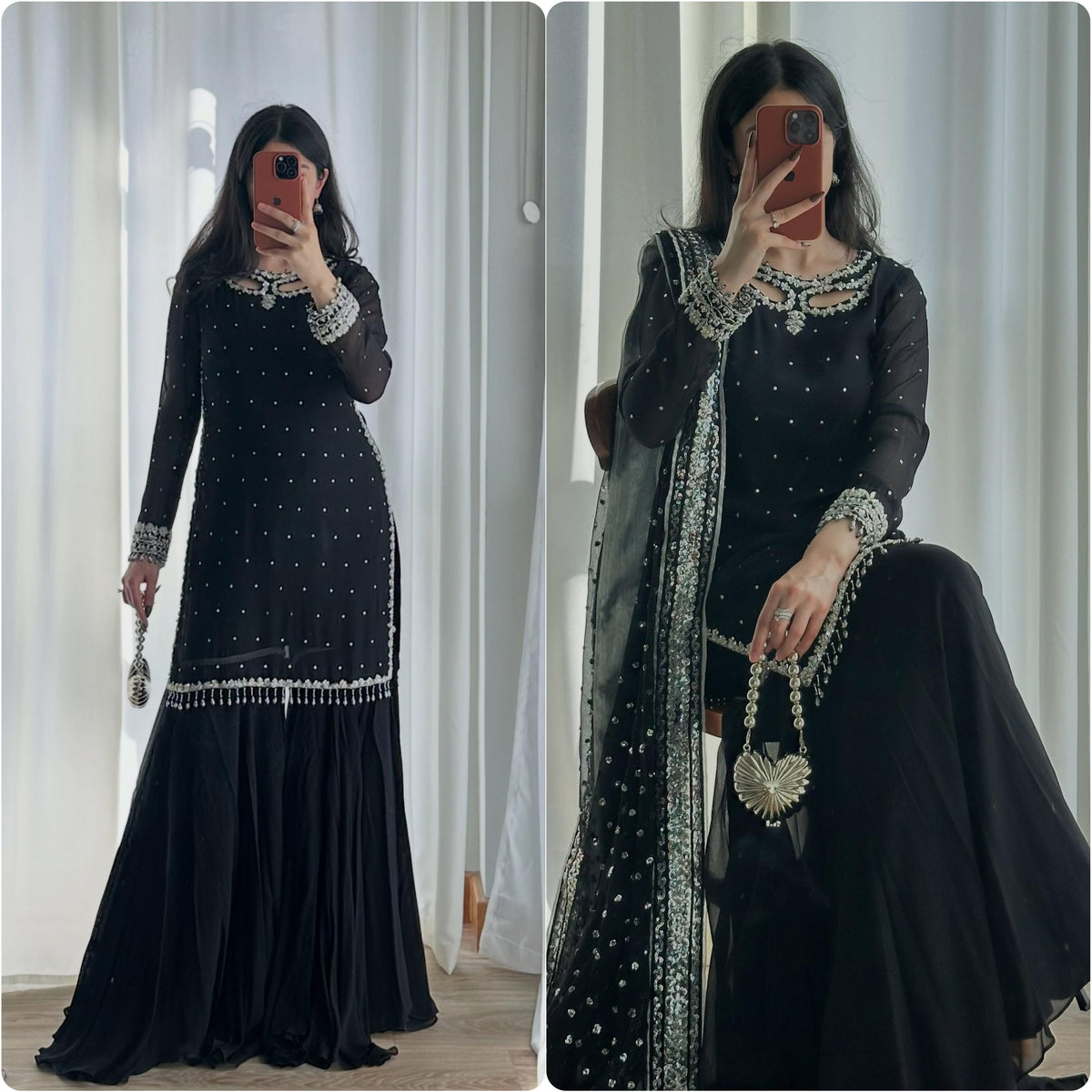 Jency Creation Women's Heavy Georgette Embroidered Kurta Farshi Set with Dupatta