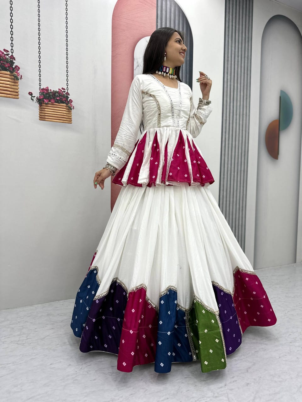 Jency Creation Women's Georgette Lehenga Choli with Handwork, Real Kodi & Mirror Work – 6+ Meter Flair