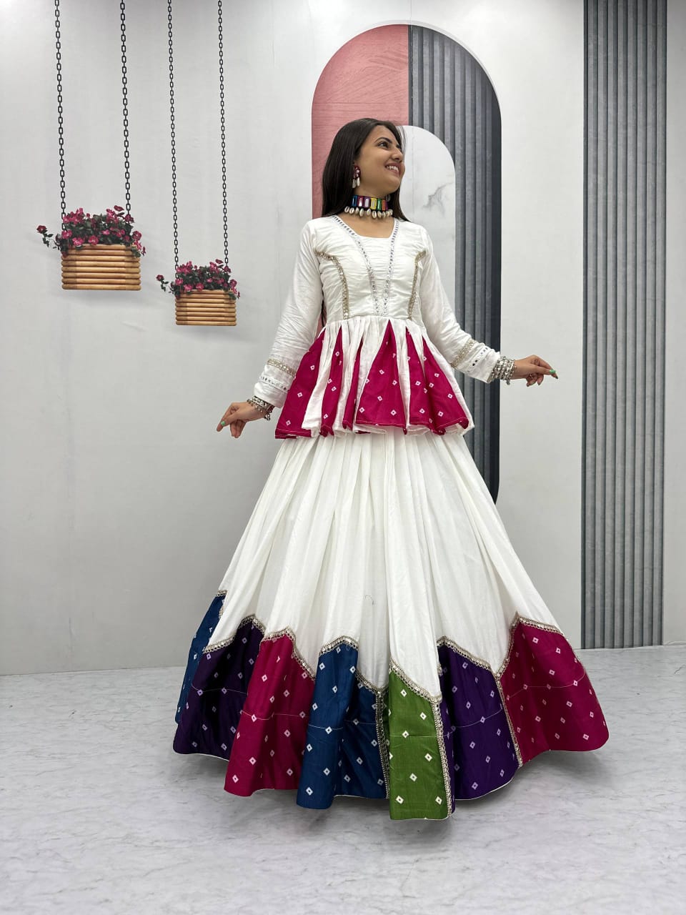 Jency Creation Women's Georgette Lehenga Choli with Handwork, Real Kodi & Mirror Work – 6+ Meter Flair