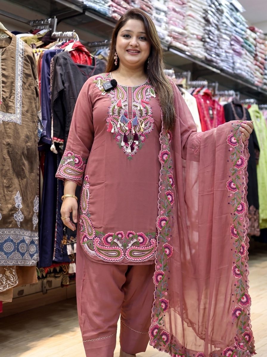 ency Creation Women's Faux Georgette Mirror Work Kurta Palazzo Set with Dupatta