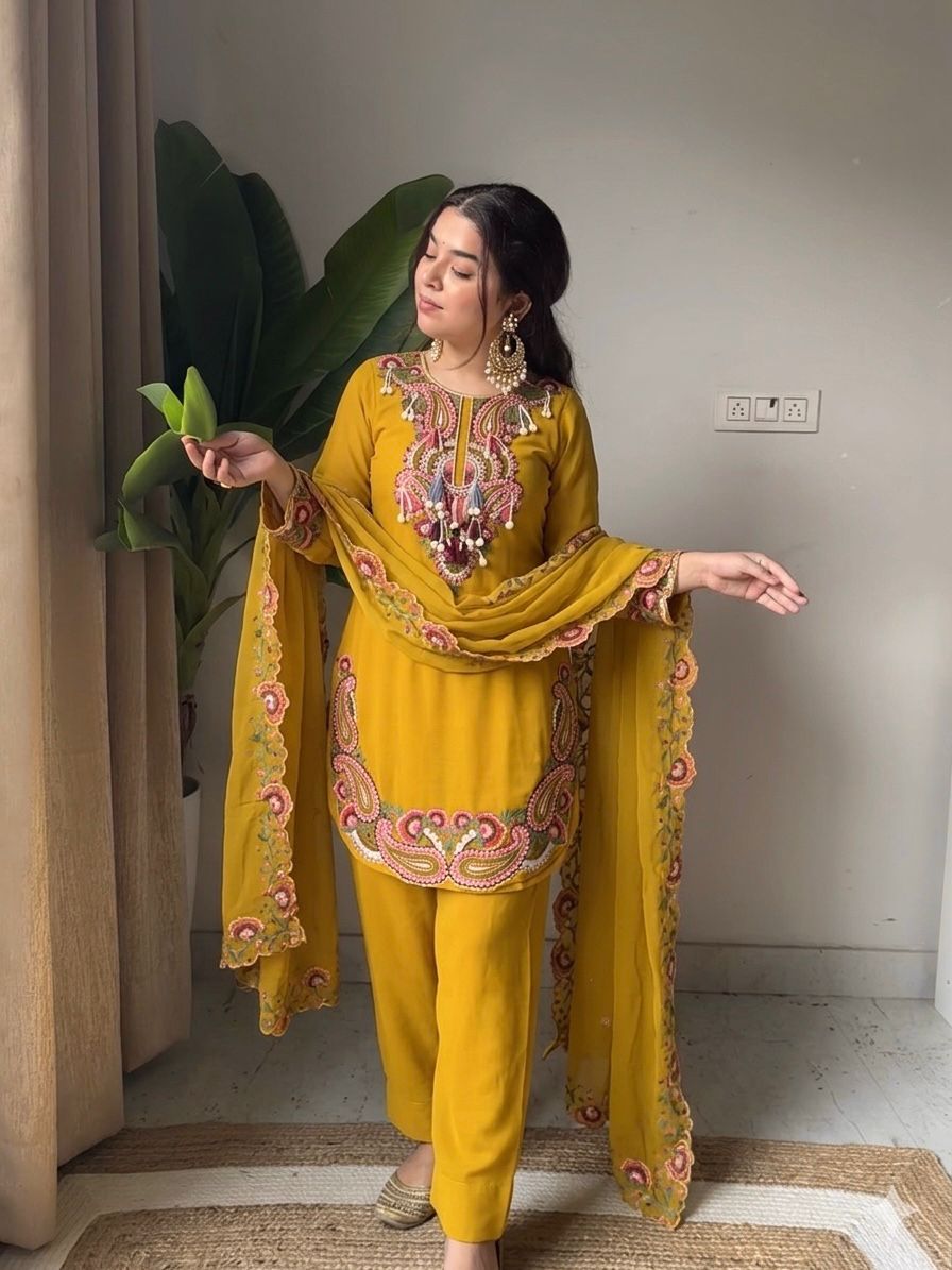 ency Creation Women's Faux Georgette Mirror Work Kurta Palazzo Set with Dupatta