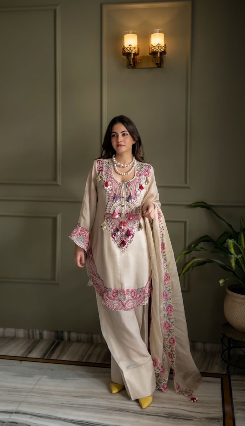 ency Creation Women's Faux Georgette Mirror Work Kurta Palazzo Set with Dupatta