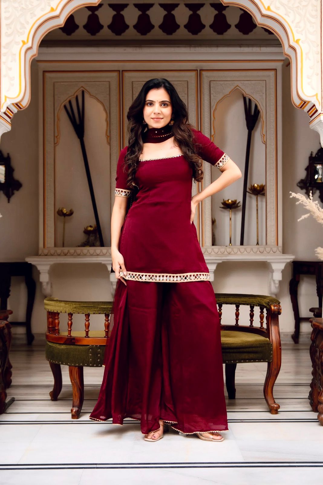 Jency Creation Women's Faux Georgette Mirror Work Kurta Palazzo Set with Dupatta