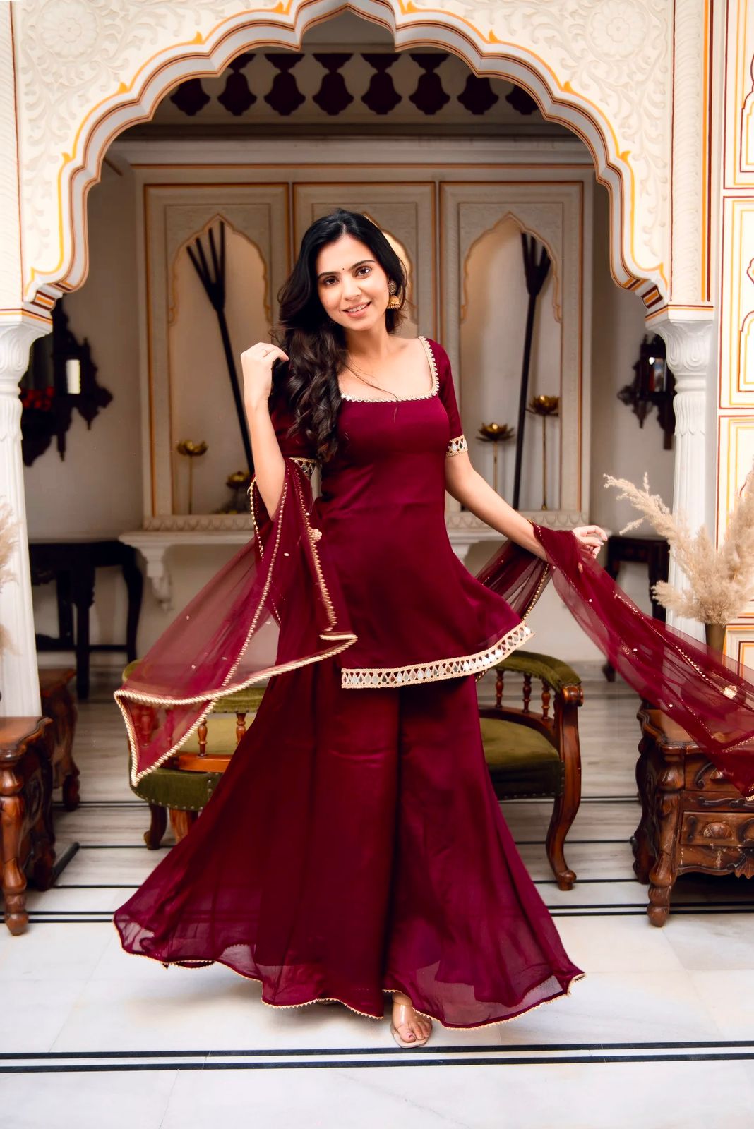 Jency Creation Women's Faux Georgette Mirror Work Kurta Palazzo Set with Dupatta