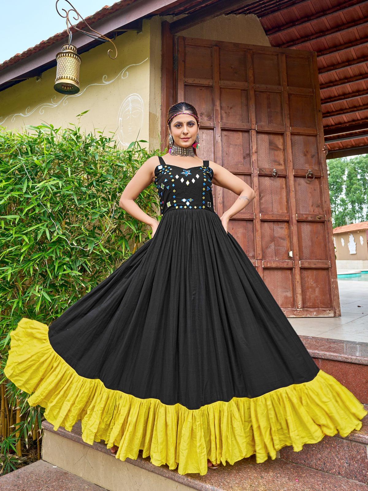 Jency Creation Women's Cotton Mirror Work Gown – 8 Meter Flair