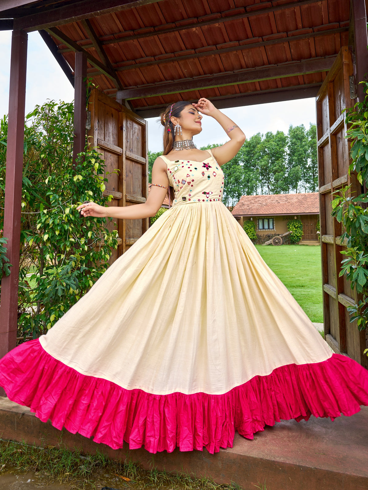 Jency Creation Women's Cotton Mirror Work Gown – 8 Meter Flair