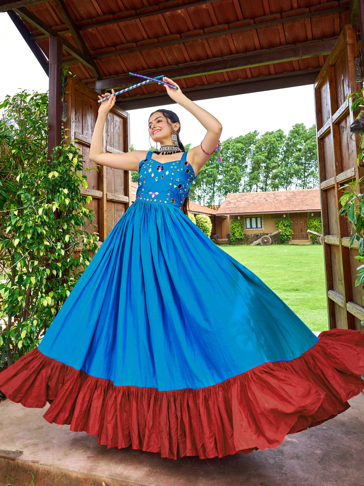 Jency Creation Women's Cotton Mirror Work Gown – 8 Meter Flair